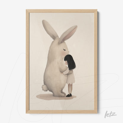 quadro com ilustração fofinha de uma menina abraçando um coelho grande em moldura de madeira clara