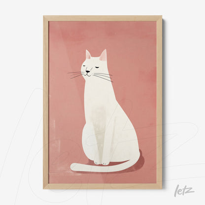 quadro com arte digital de gato branco sobre fundo rosa, em moldura de madeira clara