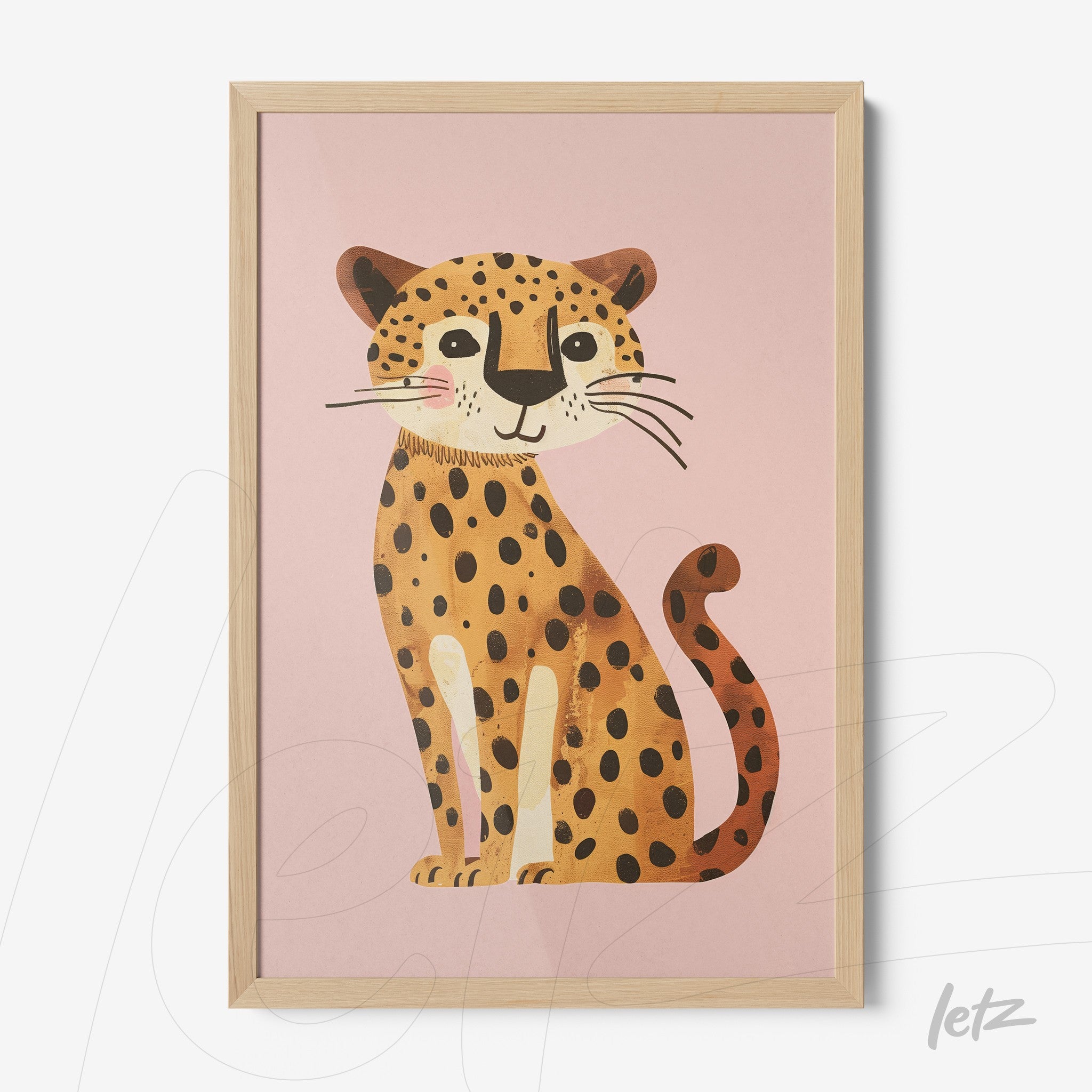 quadro com ilustração de leopardo em fundo rosa, moldura de madeira clara