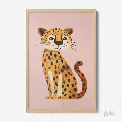 quadro com ilustração de leopardo em fundo rosa, moldura de madeira clara