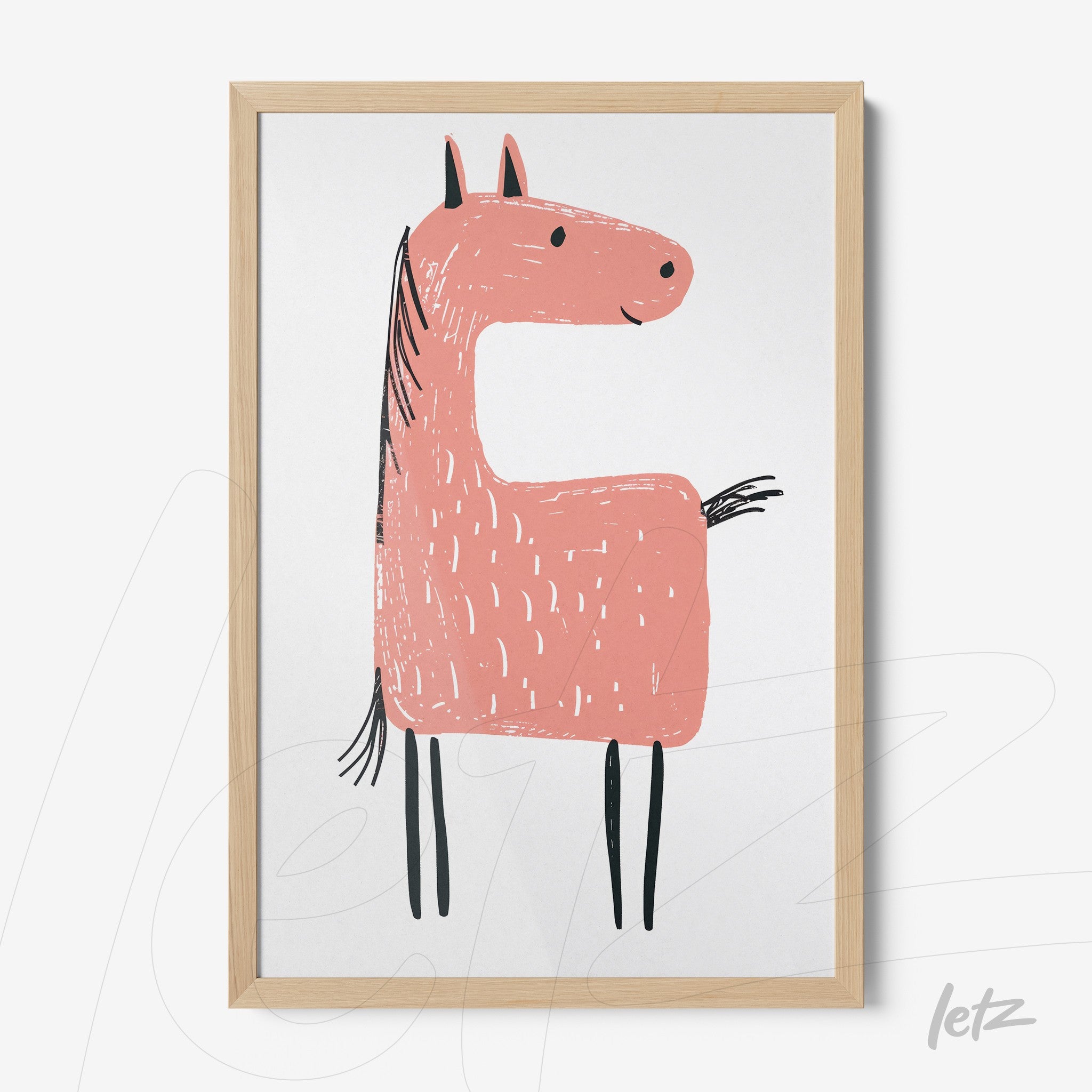 quadro com arte infantil de um cavalo rosa desenhado com traços simples em moldura de madeira clara