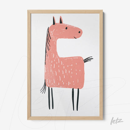 quadro com arte infantil de um cavalo rosa desenhado com traços simples em moldura de madeira clara