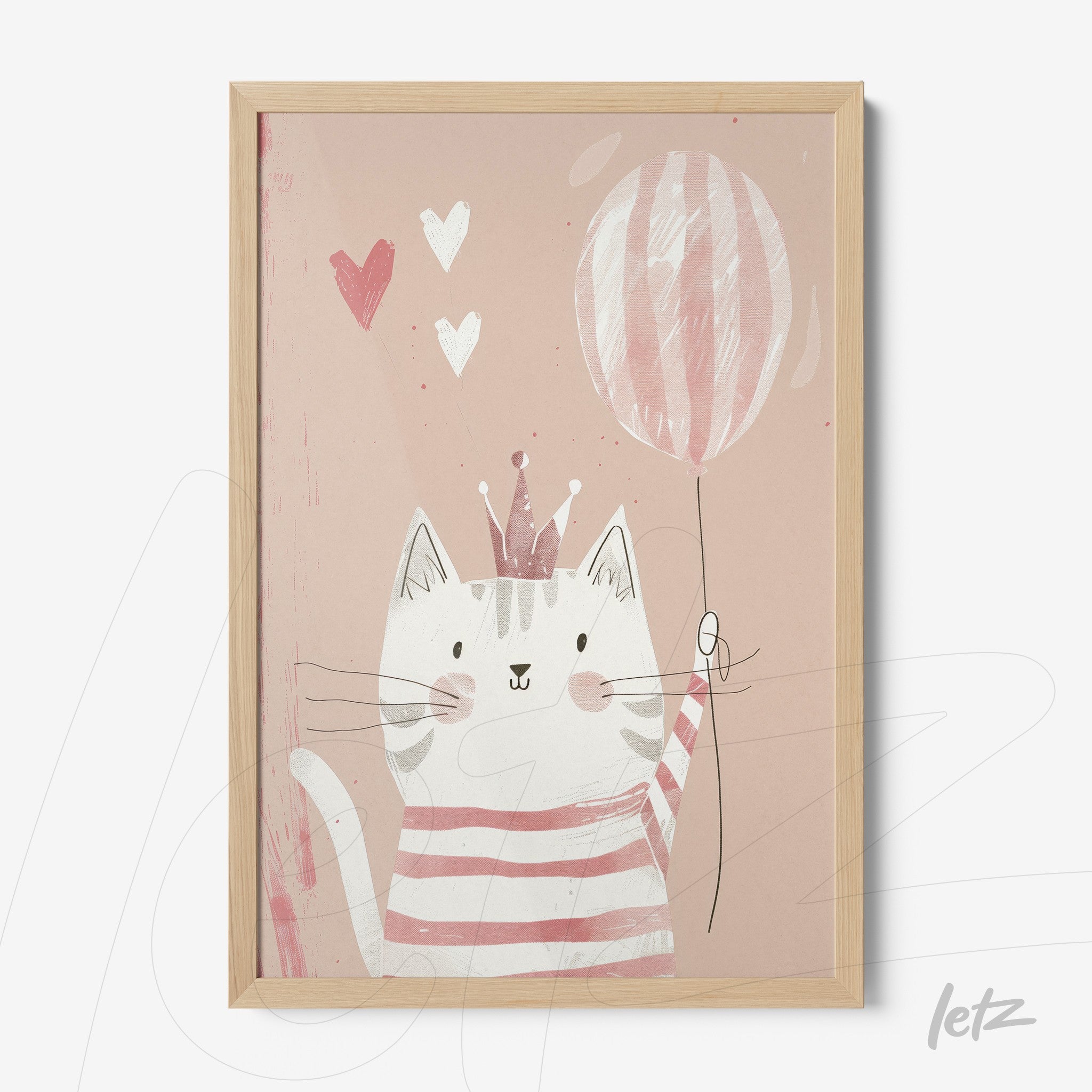 quadro com ilustração de gato feliz segurando um balão listrado em moldura de madeira clara