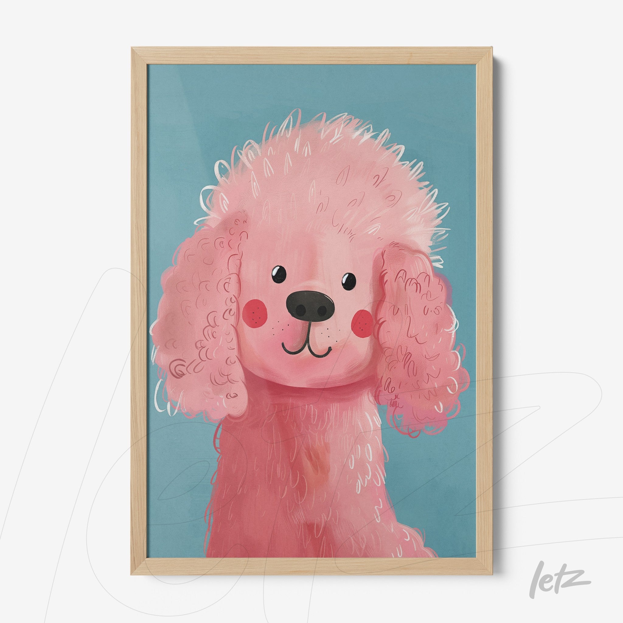 quadro com arte infantil de um cachorro rosa com pelagem encaracolada em moldura de madeira clara