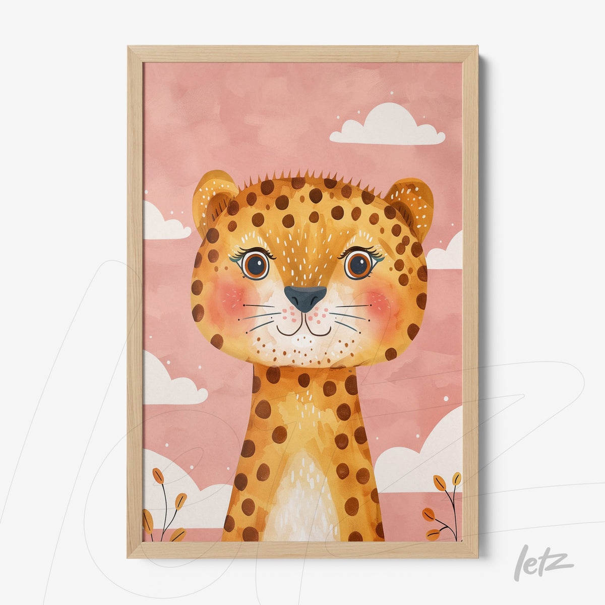 quadro com ilustração de leopardo estilizado em fundo rosa com nuvens brancas e plantas coloridas, moldura de madeira clara