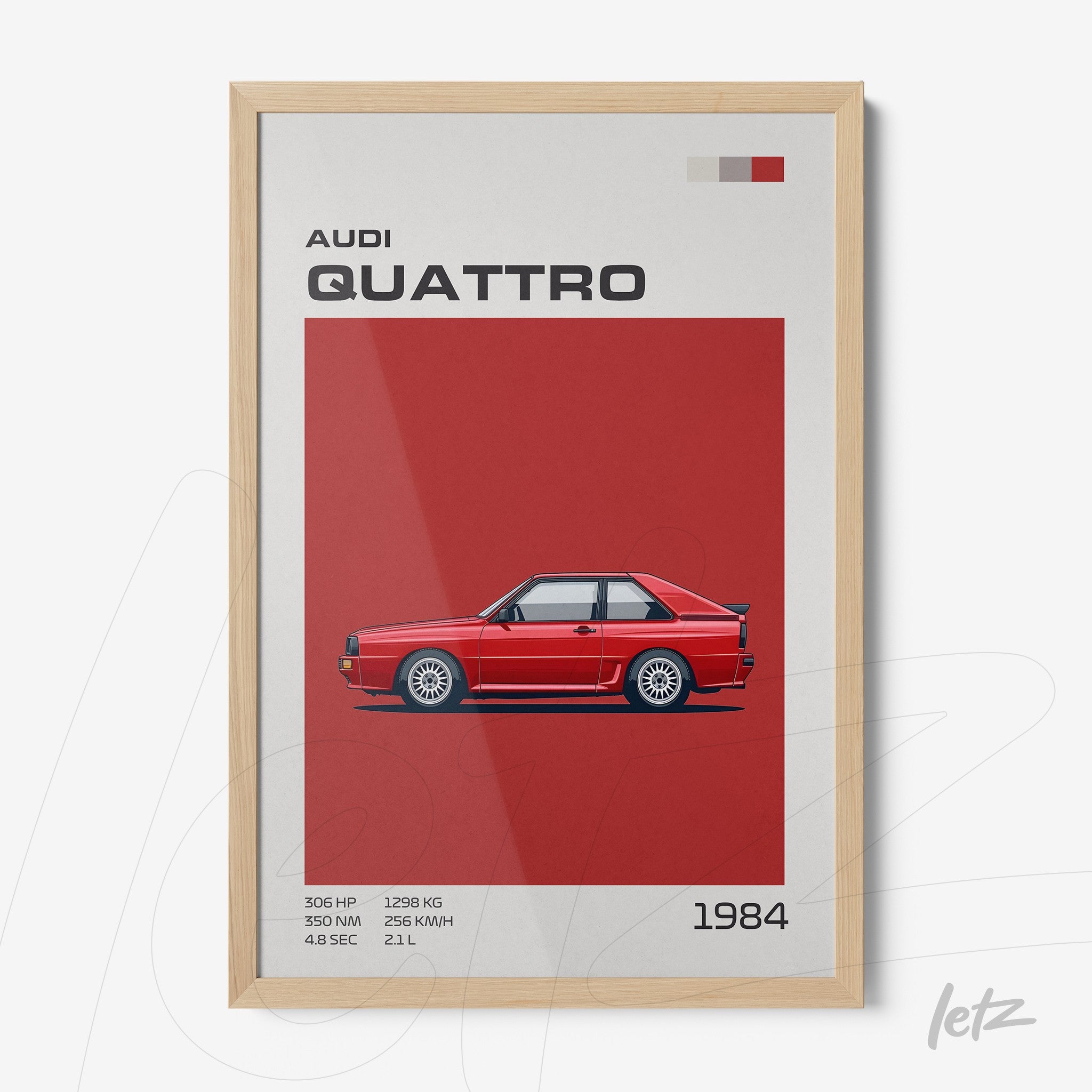 quadro com ilustração digital do carro Audi Quattro de 1984 em fundo vermelho, moldura de madeira clara