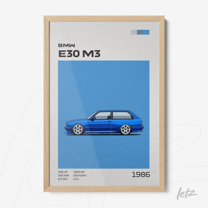quadro com ilustração minimalista do carro BMW E30 M3 em fundo azul, moldura de madeira clara