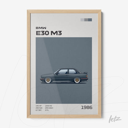 quadro decorativo com ilustração detalhada do carro BMW E30 M3 em moldura clara