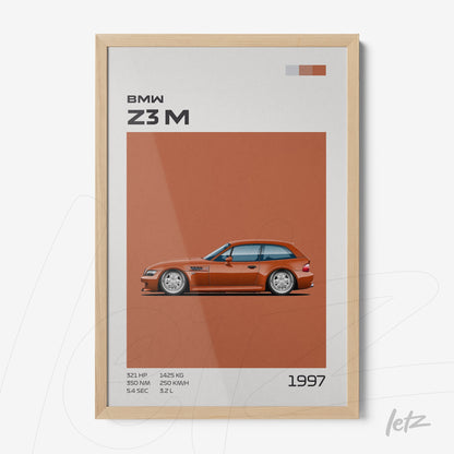 quadro com arte digital do carro BMW Z3M em moldura de madeira clara, fundo laranja