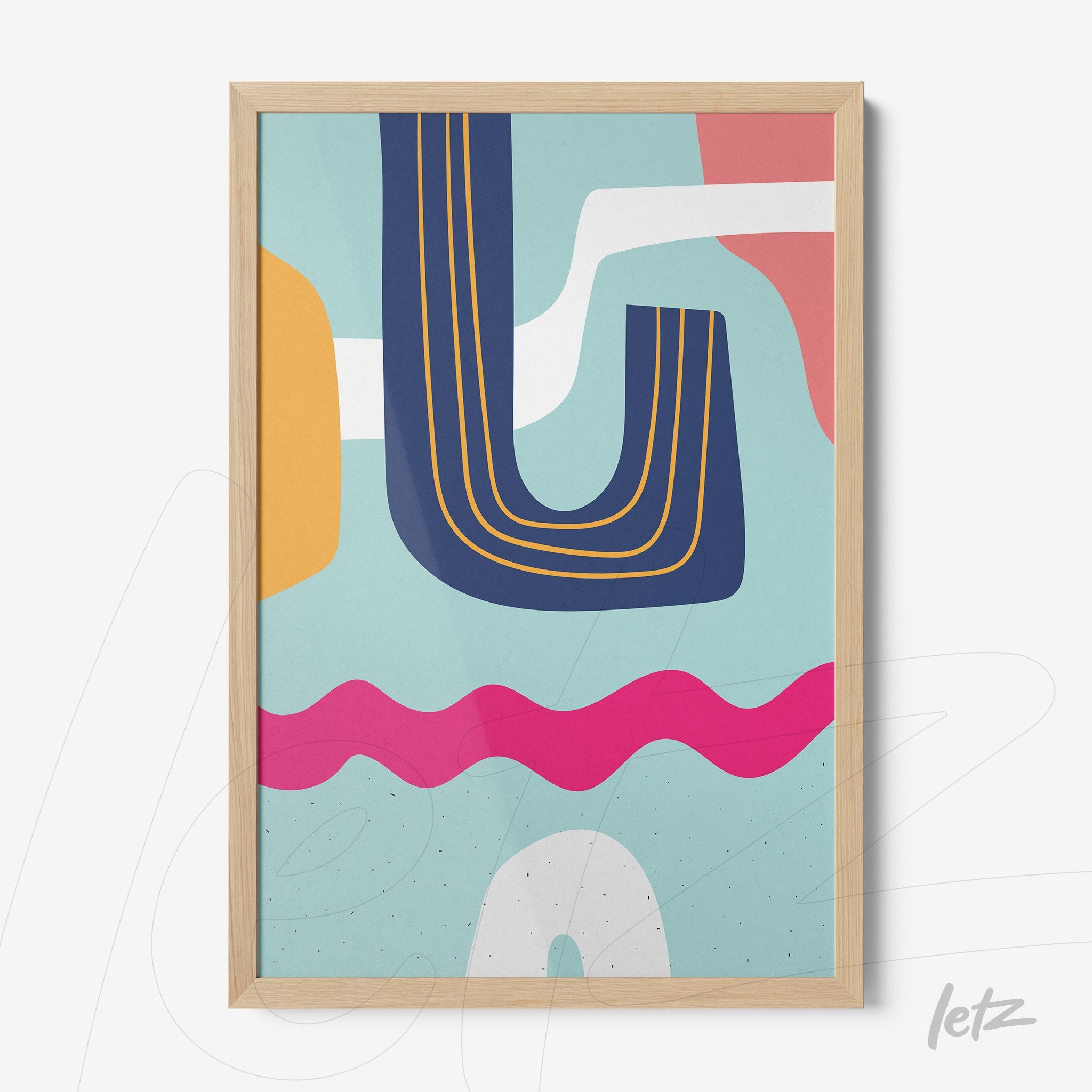 ```json
{
  "alt": "arte boho moderna com formas geométricas coloridas emoldurada com vidro e borda de madeira natural",
  "alt_en": "modern boho artwork featuring colorful geometric shapes framed with glass and natural wood border"
}
```