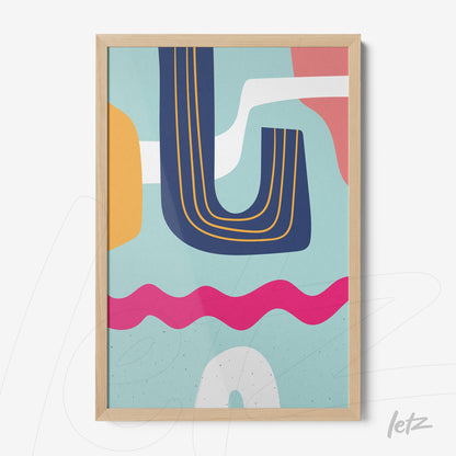 ```json
{
  "alt": "arte boho moderna com formas geométricas coloridas emoldurada com vidro e borda de madeira natural",
  "alt_en": "modern boho artwork featuring colorful geometric shapes framed with glass and natural wood border"
}
```