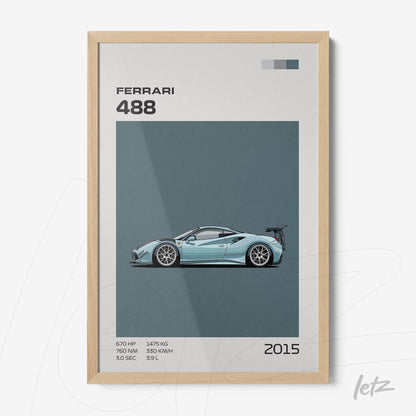 quadro com ilustração de carro esportivo Ferrari 488 em moldura de madeira clara