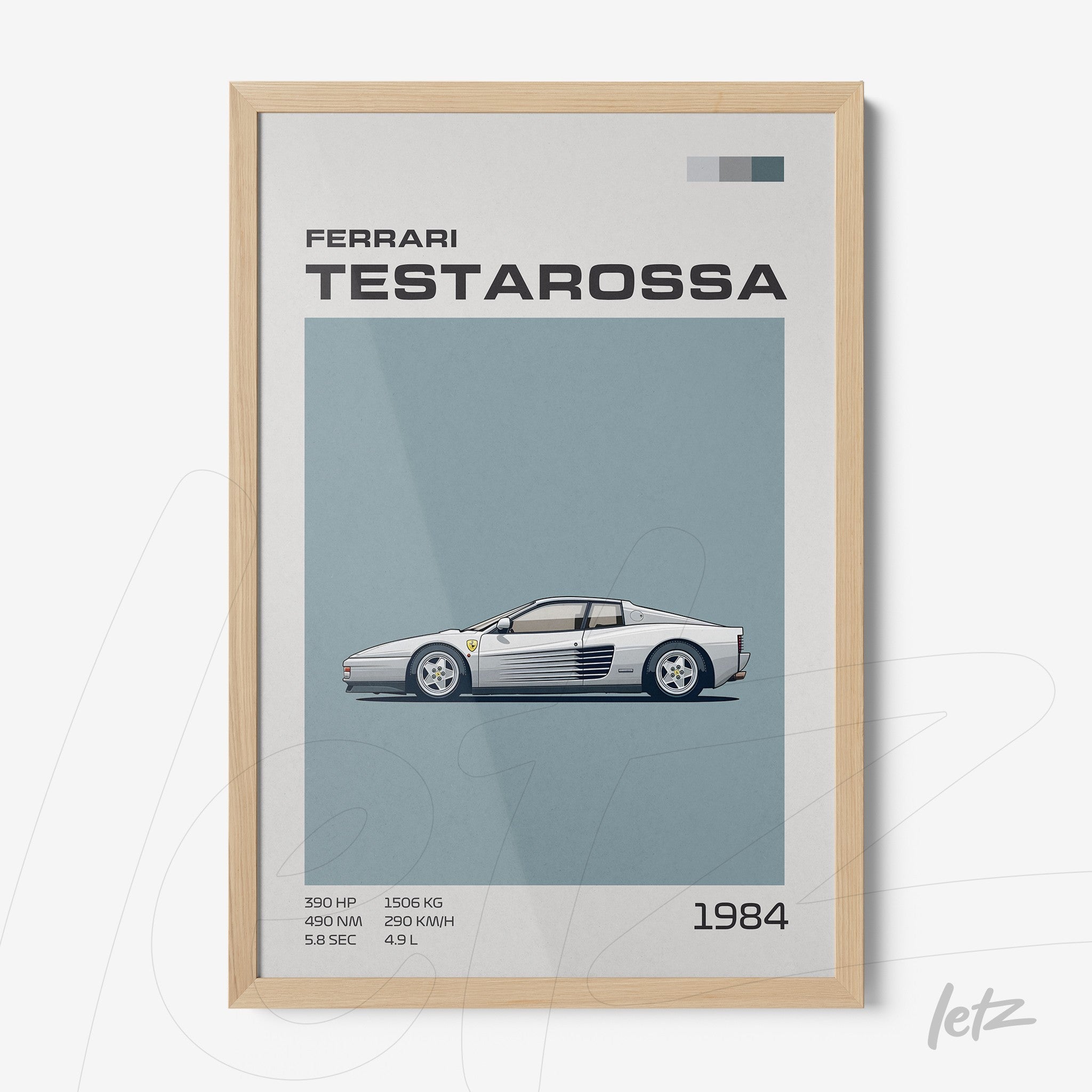 quadro com ilustração minimalista do carro Ferrari Testarossa em moldura clara