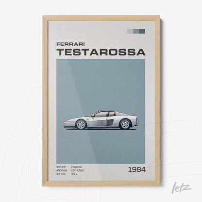 quadro com ilustração minimalista do carro Ferrari Testarossa em moldura clara