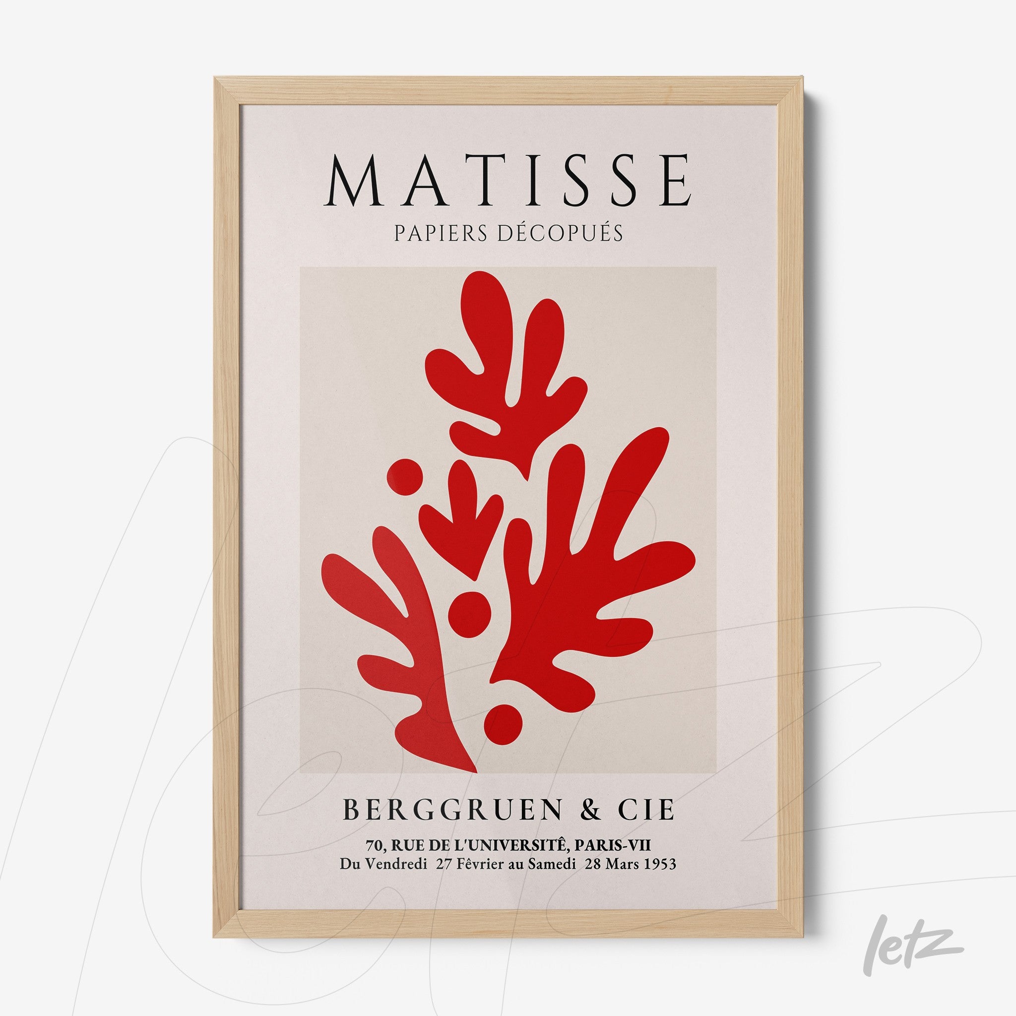 quadro com arte de recortes em vermelho inspirado em Matisse, moldura de madeira clara