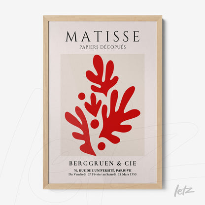 quadro com arte de recortes em vermelho inspirado em Matisse, moldura de madeira clara