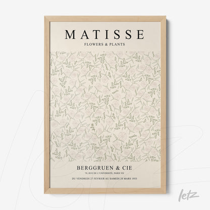 quadro decorativo com um padrão floral suave em fundo claro, moldura de madeira clara e texto em destaque no topo