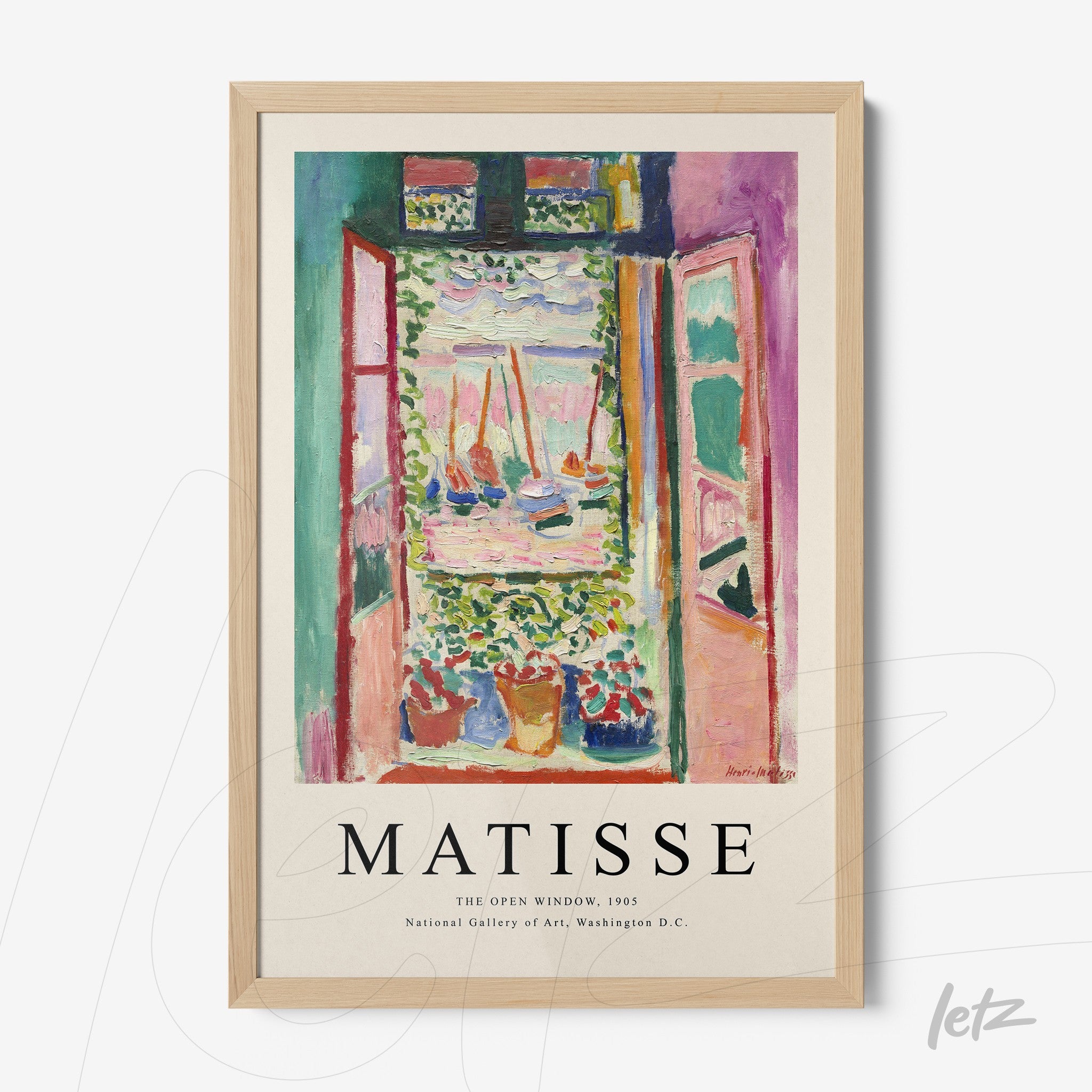 quadro com reproduções da janela aberta de Matisse, destacando cores vibrantes e moldura de madeira clara