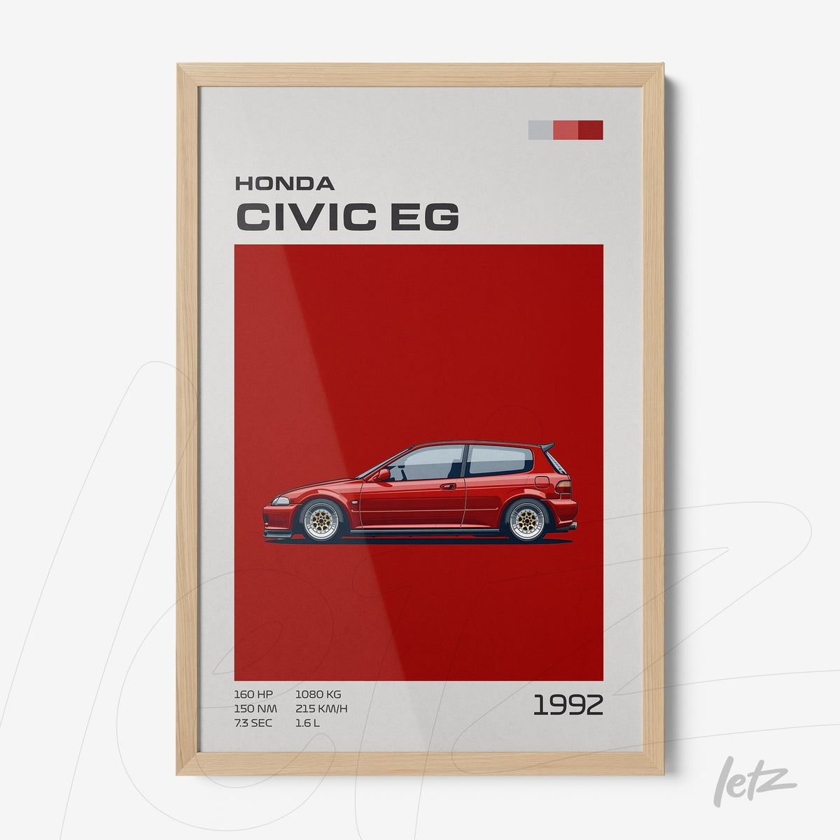 quadro com arte digital do carro Honda Civic EG de 1992 em moldura de madeira clara