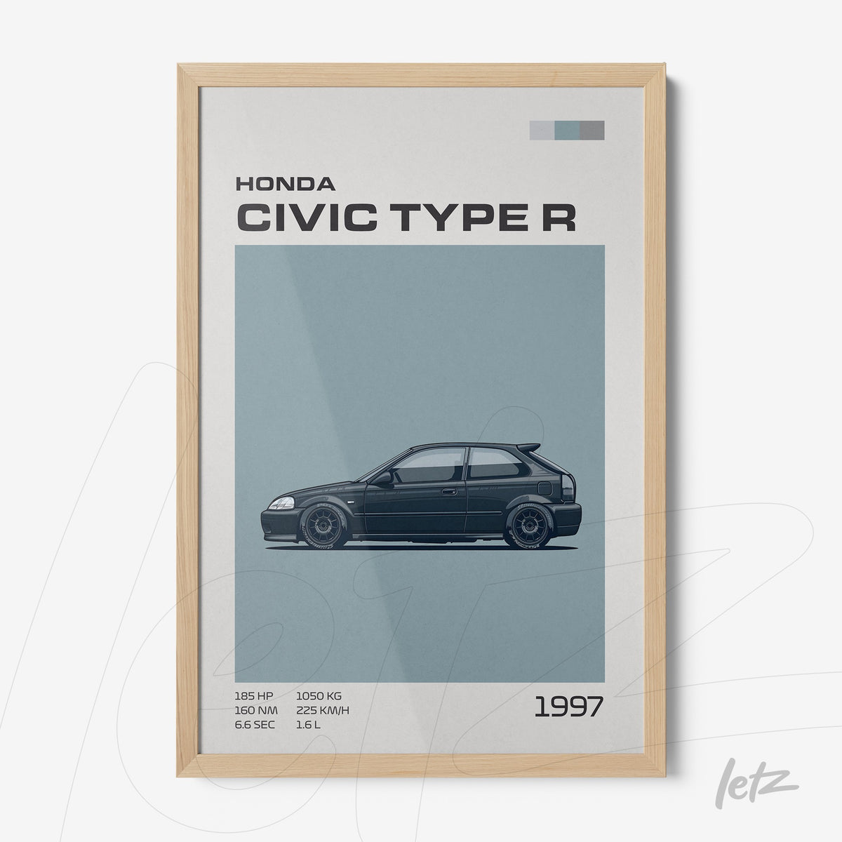 quadro com ilustração do carro honda civic type r em moldura de madeira clara
