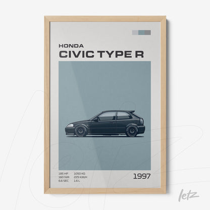 quadro com ilustração do carro honda civic type r em moldura de madeira clara