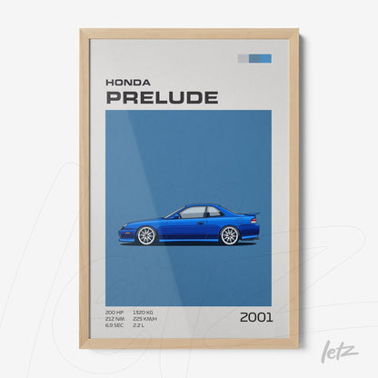 quadro com arte digital de um carro Honda Prelude de 2001 em moldura de madeira clara, destacando o design azul sobre fundo azul