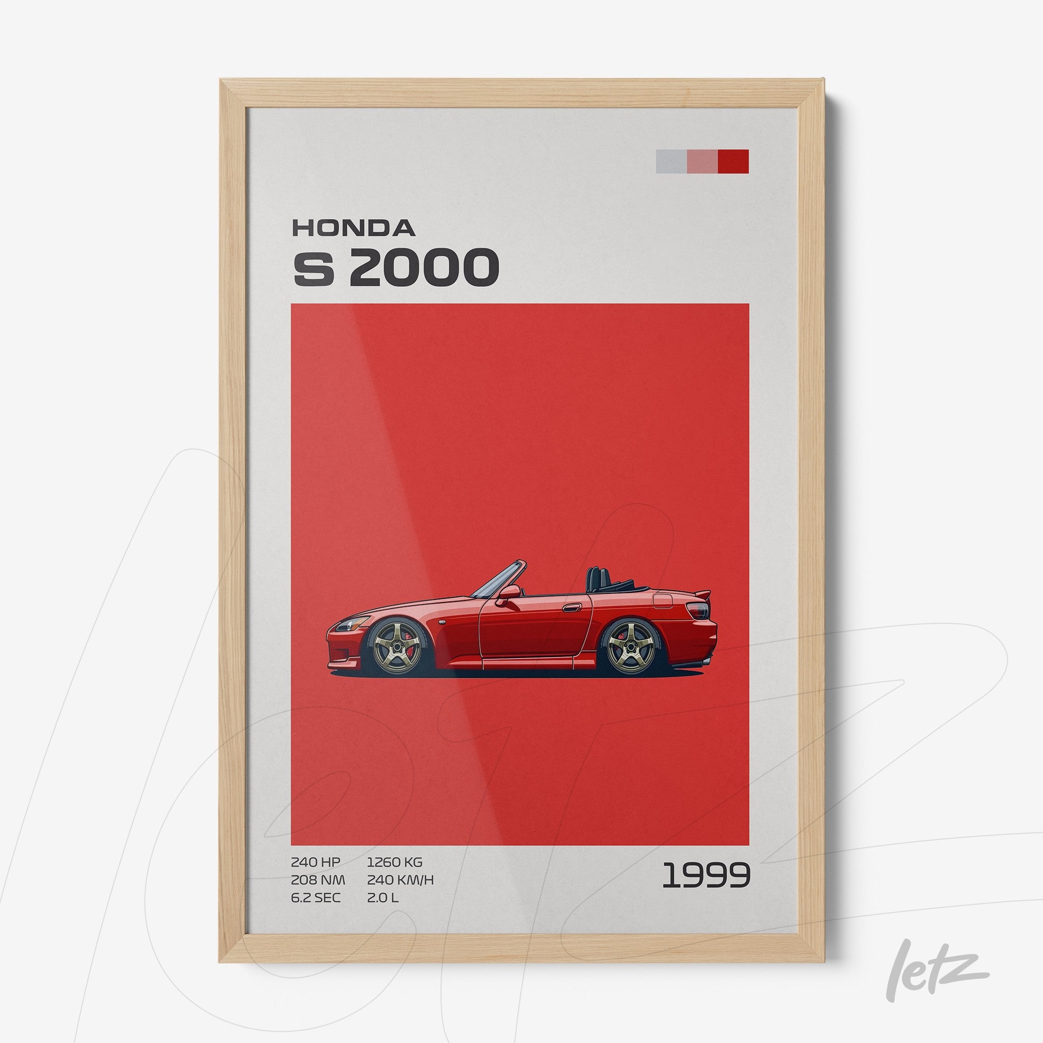 quadro com ilustração do carro Honda S2000 em fundo vermelho vibrante e moldura de madeira clara