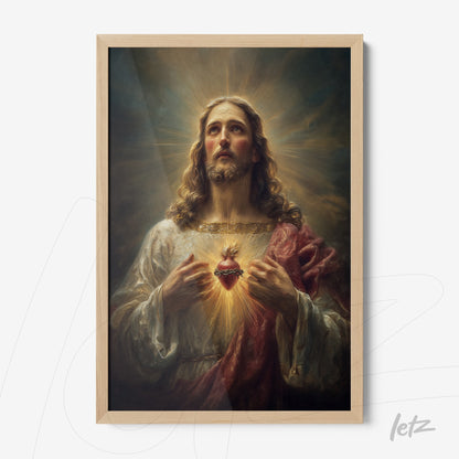quadro com arte religiosa representando Jesus Cristo com coração sagrado em moldura de madeira clara