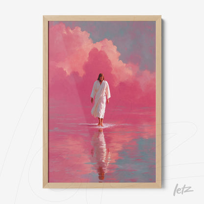 quadro emoldurado com arte de figura religiosa caminhando sobre a água em meio a nuvens rosa