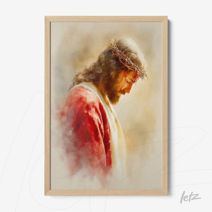 quadro com ilustração artística de Jesus com coroa de espinhos em moldura de madeira clara