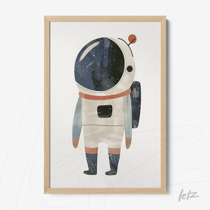quadro com ilustração de astronauta colorido em moldura de madeira clara