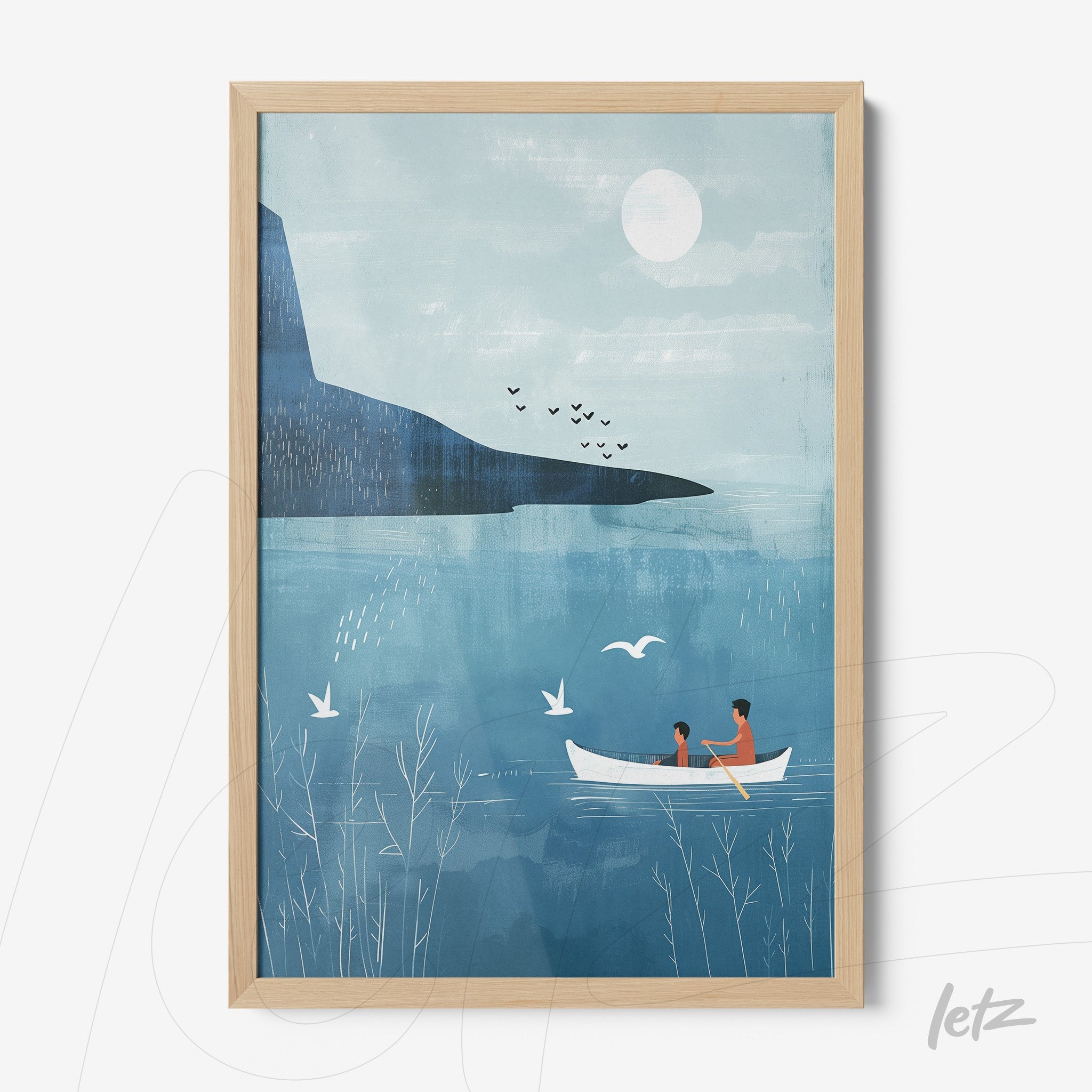 quadro com ilustração em tons de azul de um casal remando em um barco sob um céu com lua cheia e aves