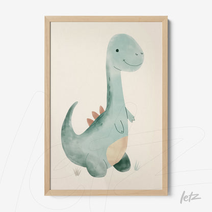 quadro com ilustração de dinossauro em estilo aquarela com moldura clara de madeira