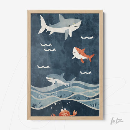 quadro com ilustração de tubarões nadando sobre um fundo azul com ondas, moldura de madeira clara