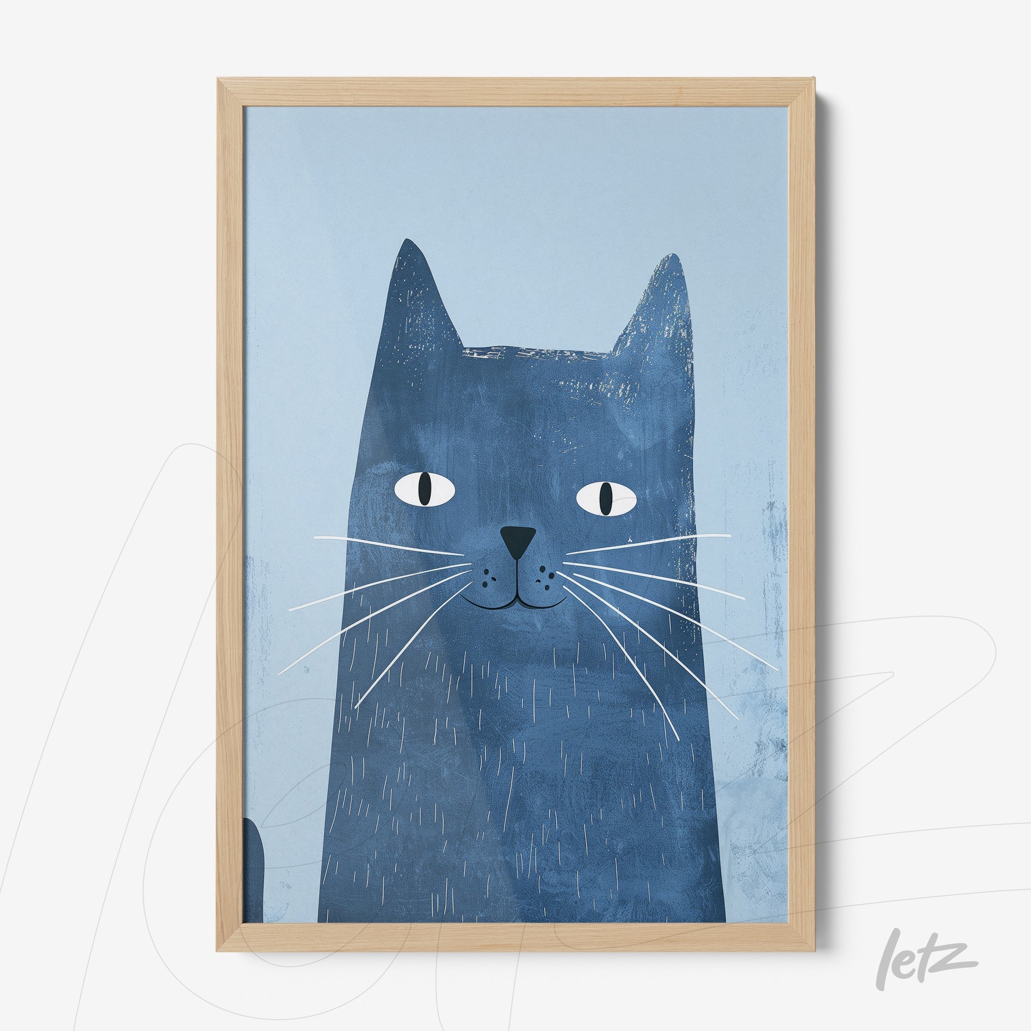 quadro com ilustração de gato azul em fundo claro com moldura de madeira clara