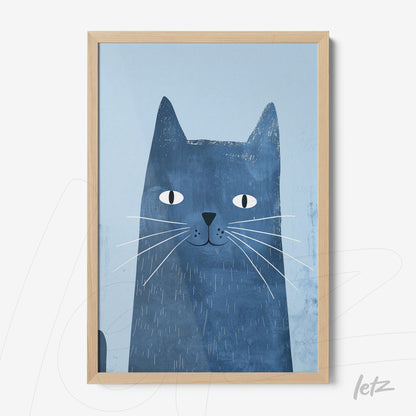 quadro com ilustração de gato azul em fundo claro com moldura de madeira clara