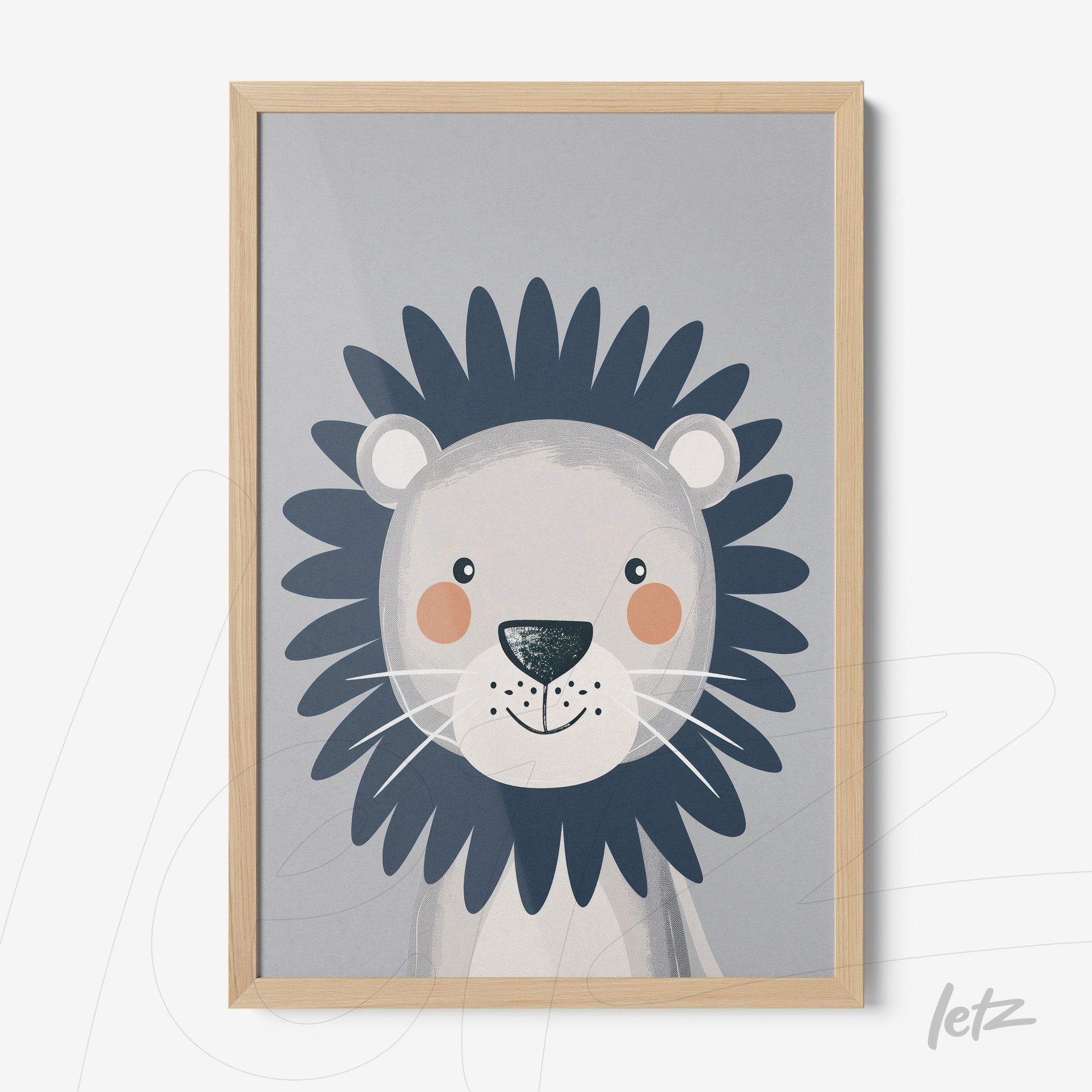quadro com ilustração infantil de leão sorridente em moldura de madeira clara