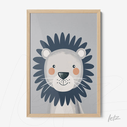 quadro com ilustração infantil de leão sorridente em moldura de madeira clara
