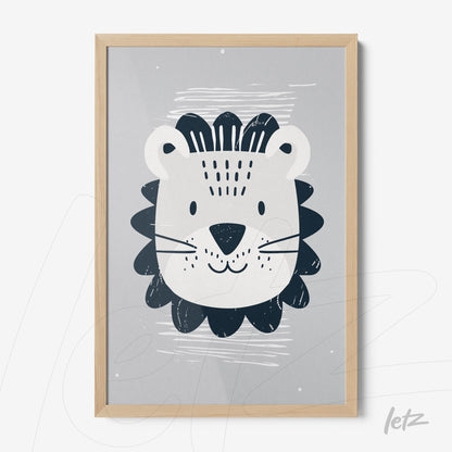 quadro com ilustração de leão minimalista em moldura de madeira clara