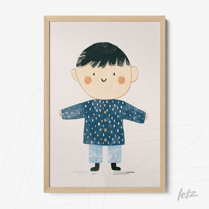 quadro com ilustração de menino sorridente usando casaco azul e calças claras, moldura de madeira clara