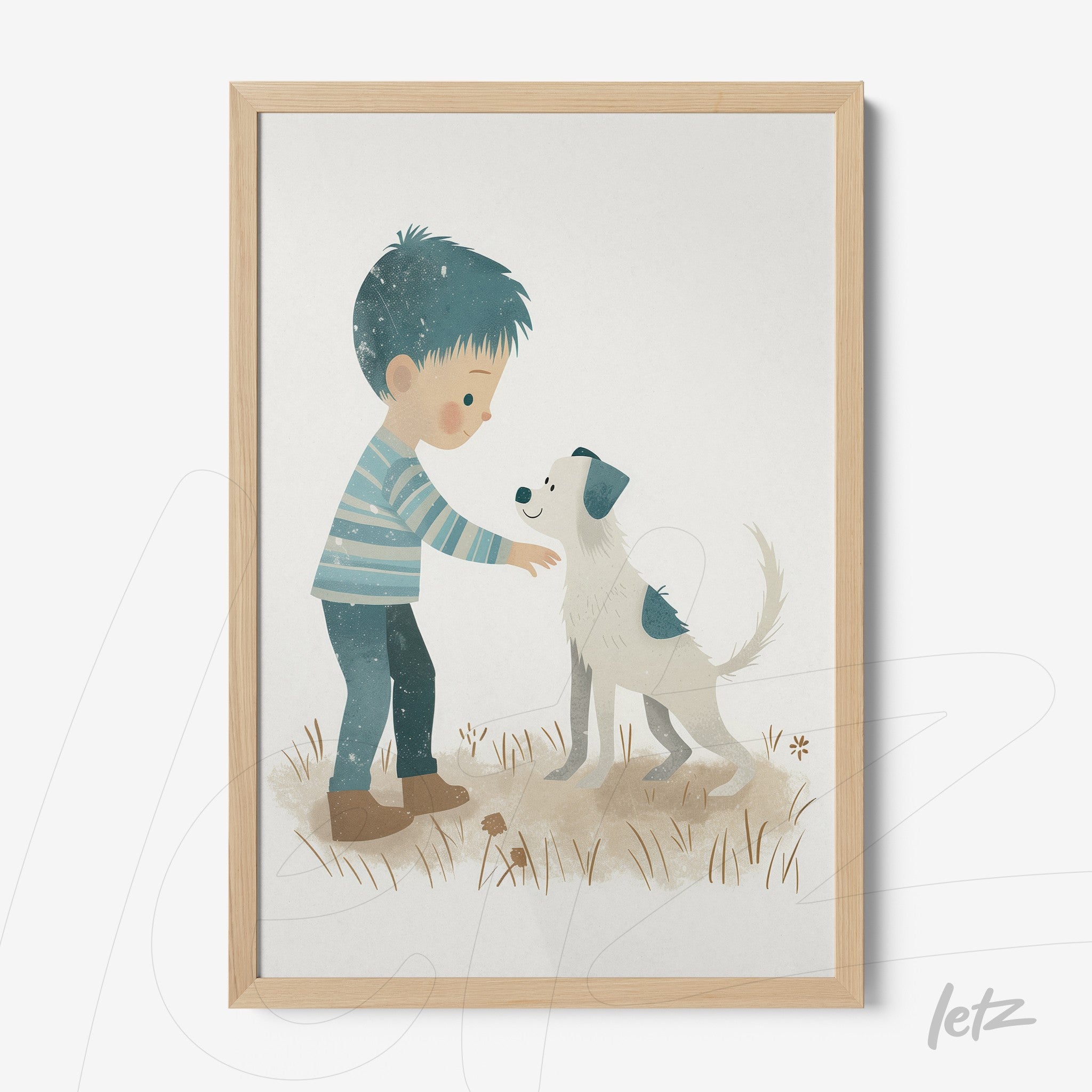 quadro com ilustração de menino acariciando cachorro em fundo claro, moldura de madeira clara