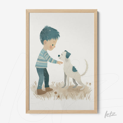 quadro com ilustração de menino acariciando cachorro em fundo claro, moldura de madeira clara