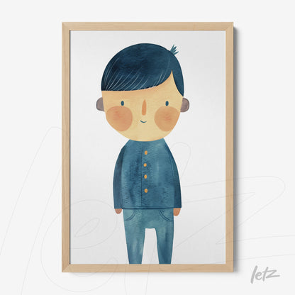 quadro com ilustração infantil de menino sorridente vestido de azul em moldura de madeira clara
