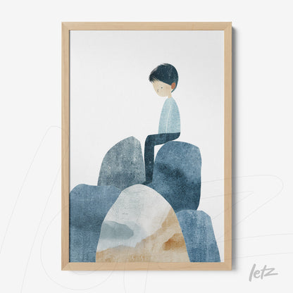 quadro com ilustração minimalista de menino sentado sobre pedras em moldura de madeira clara