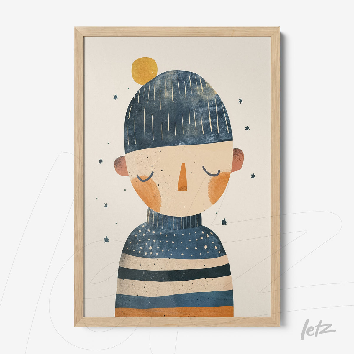 quadro com ilustração de personagem usando gorro e suéter com listras, moldura de madeira clara