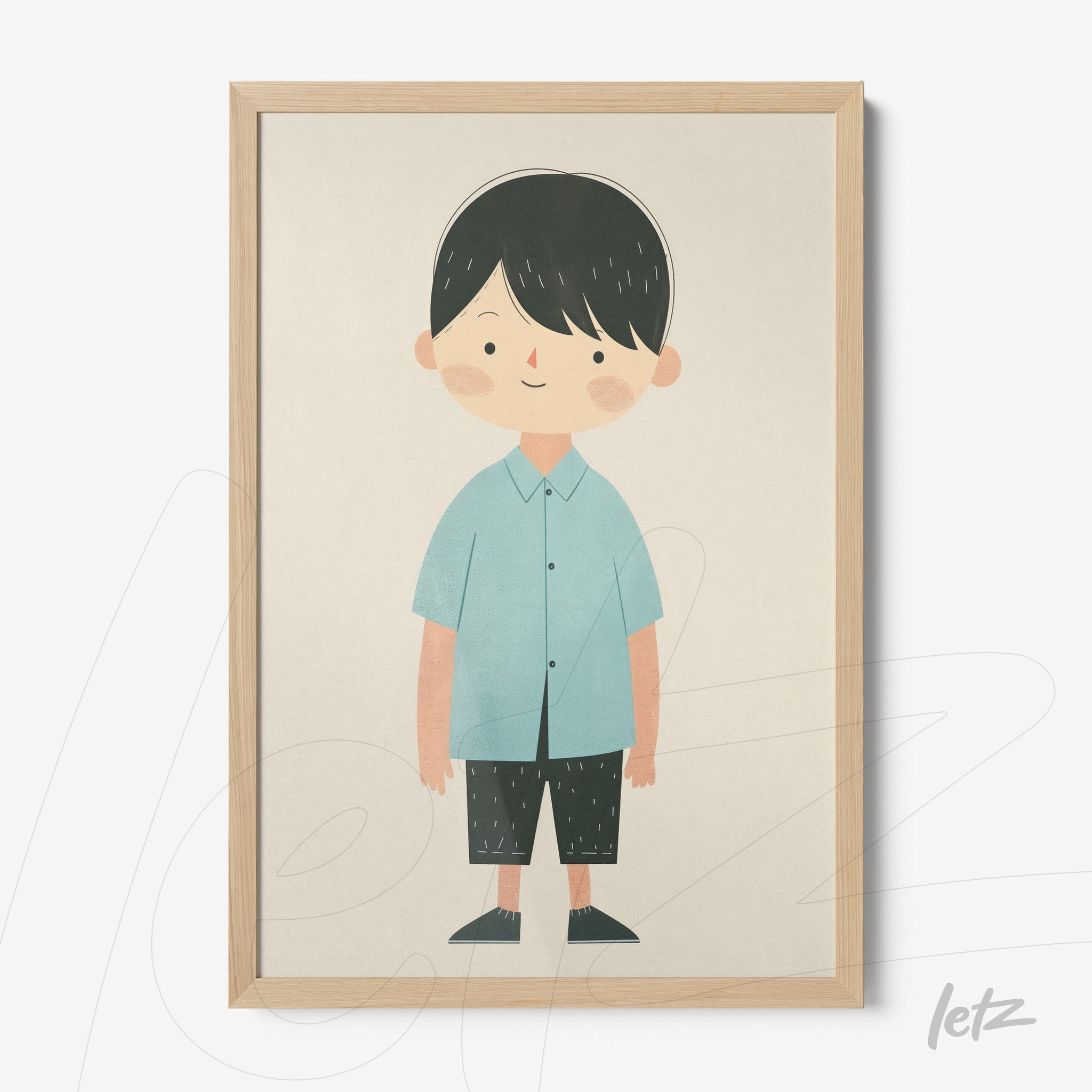 quadro com ilustração infantil de garoto com camisa azul e calças pretas em moldura de madeira clara