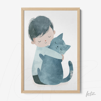 quadro com ilustração de criança abraçando um gato em moldura de madeira clara