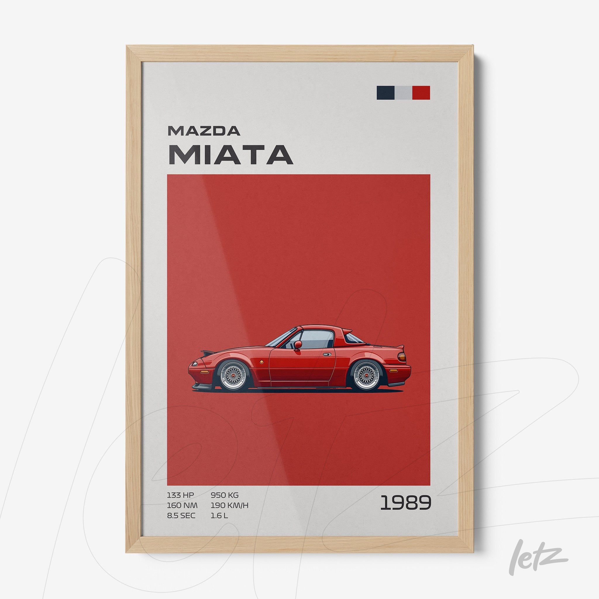quadro com arte gráfica do carro Mazda Miata em fundo vermelho, moldura de madeira clara