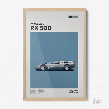 quadro com arte digital do carro Mazda RX 500 em moldura de madeira clara