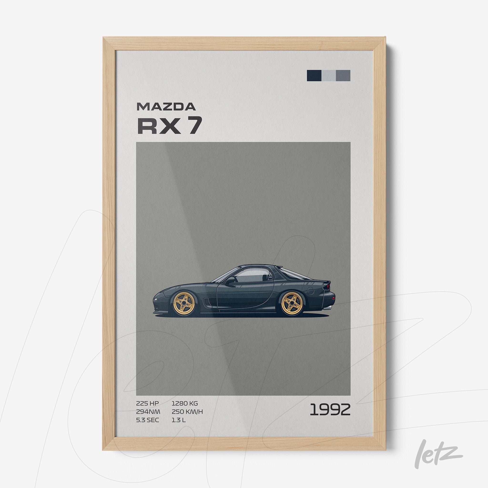 quadro com ilustração do carro Mazda RX 7 de 1992 em moldura de madeira clara